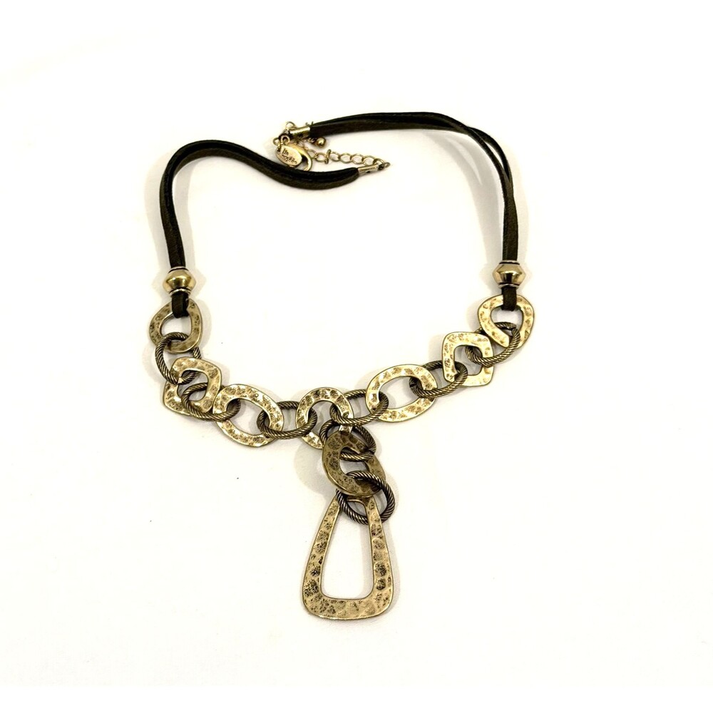 Lia Sophia Hammered Gold Tone Geometric Link Statement Necklace with Brown Cord